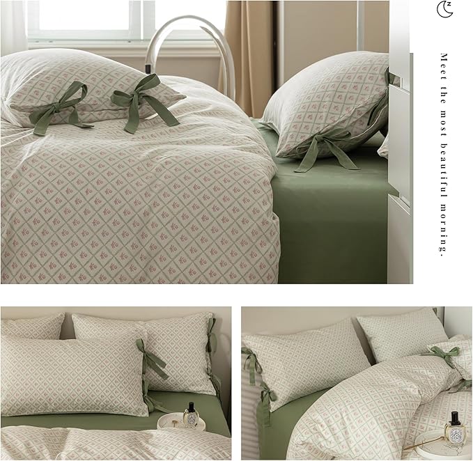 Pink Flower Duvet Cover Full Size Vintage Country Style Red Floral Comforter Cover Green Grid Plaid Duvet Cover with 2 Bow Ties Pillowcases Cotton Girls Floral Bedding Quilt Cover with Zipper Closure