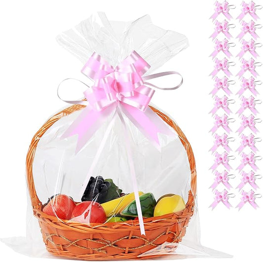 UltraOutlet 50 Packs Large Cellophane Bags 18" x 24" Clear Cellophane Gift Basket Wraps 2.3 Mil Thick TransparentCello Bags for Fruit Basket, Gift Wrap, Treats, Arts and Crafts, 50ct Ribbon Bows