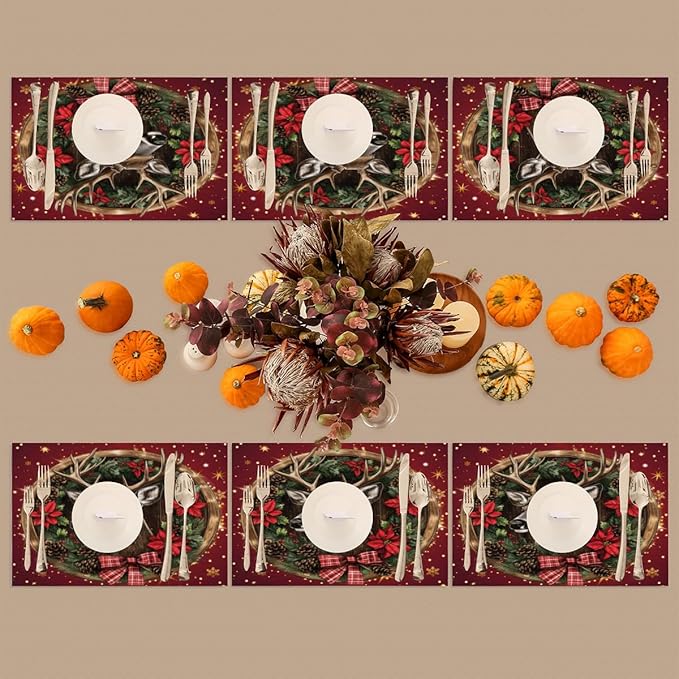 Xmas Christmas Reindeer Poinsettia Red Placemats Set of 4 PVC Vinyl Non Slip Table Mats Heat Resistant Place Mats Washable Wipeable Dining Table Mat for Kitchen Party Indoor Outdoor Decorative Gift