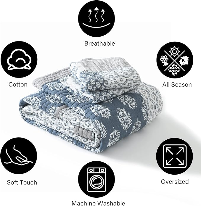 PANGUSHAN Quilt Set King Size, 100% Cotton Bedspread Quilt Bedding Set, Patchwork Reversible Floral Quilt for King Bed, Blue/Grey/White Bed Spread, Lightweight Comforter for All Season, 3 Pieces