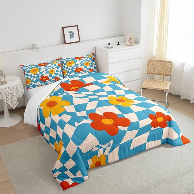 Castle Fairy Kids Vintage Groovy Daisy Flowers Comforter Set Twin Size,Abstract Blue Plaid Bedding Comforters Bedroom Decor,70s Hippie Floral Microfiber Duvet Set for Kids Teens,2 Pcs