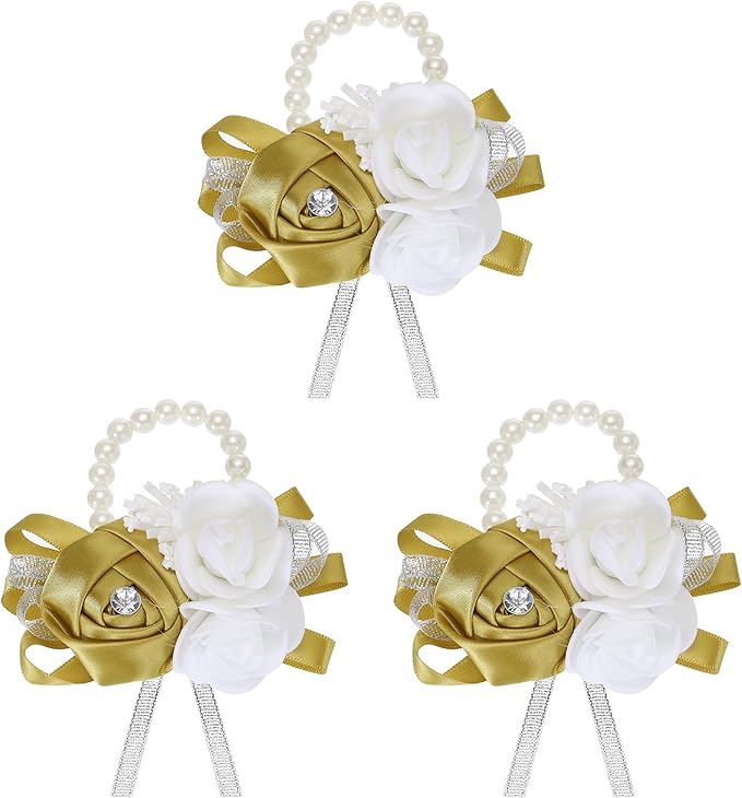 MECCANIXITY 3Pcs Wrist Corsage Artificial Flower Bracelets Rose Wrist Bride Groom Decorative for Wedding Ceremony Prom Party Anniversary Dark Yellow