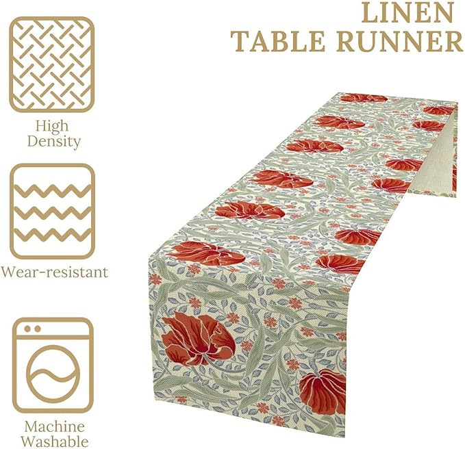 William Morris Table Runner, Retro Red Flowers Green Botanical Country Farmhouse Tabletop Decoration for Kitchen Dining Home Party 13x90 Inch
