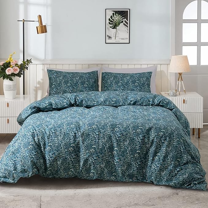 EAVD Botanical Floral Duvet Cover King Soft 100% Cotton Floral Blue Duvet Cover Set Chic Shabby Floral Bedding Set Garden Style Blue Floral Comforter Cover with Zipper Closure 4 Ties