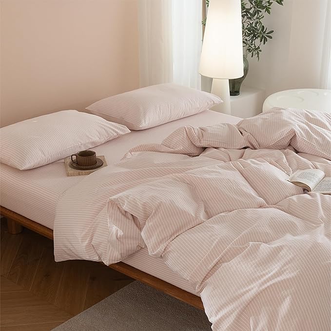 JIYUAN 100% Washed Cotton Striped Duvet Cover Set 3 Pieces King, 1 Duvet Cover and 2 Pillowcases(Comforter Not Included),Linen Like Comfy and Breathable,Pinstripes-Heathered Greyish Pink White