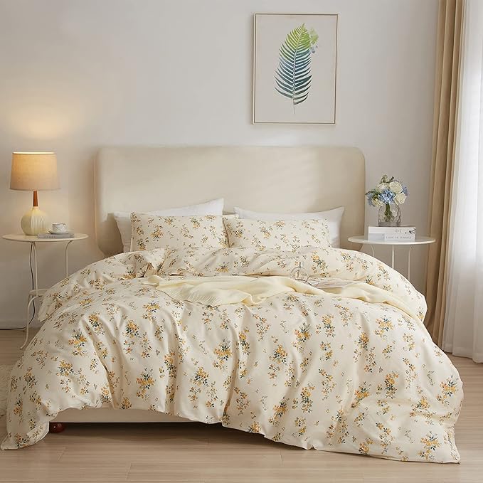 EAVD Yellow Floral Duvet Cover Full Soft Cotton Floral Cottagecore Rose Floral Bedding Set with 2 Pillowcases Chic Shabby Botanical Comforter Cover with Zipper Closure