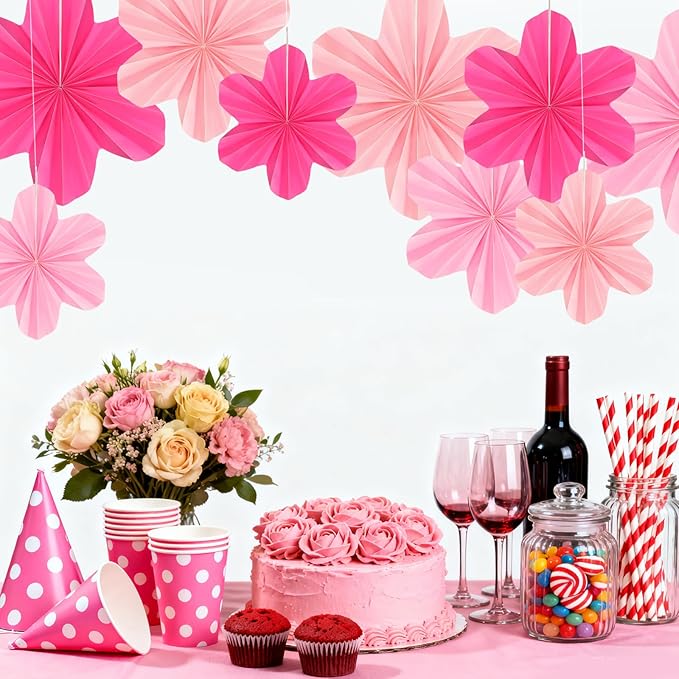 9 Pcs Pink Paper Flower Party Decorations, Hot Pink Paper Fans Hanging Ornaments Pink Birthday Decorations for Classroom Floral Backdrop Wedding Baby Showers Wall Decor