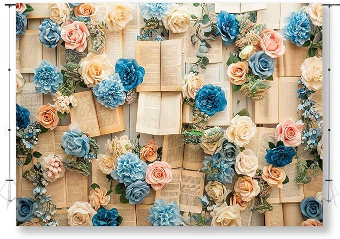 7x5FT Vintage Books Wall Backdrop Pink and Blue Rose Spring Flowers Books Page Backdrop for Kid Girls Birthday Party Decor Baby Shower Wedding Decoration Supplies KUBDJ1094