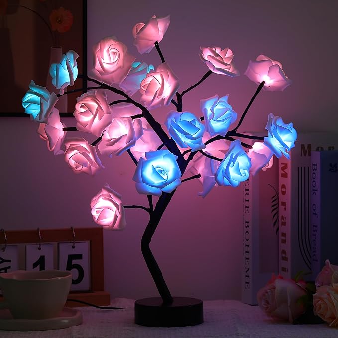 Rose Flower Tree Lamp - LED Rose Tree Table Lamp USB/Battery Powered Artificial Bonsai Flower Night Light for Bedroom Living Room Party Wedding Valentines Mothers Day Decor (White)