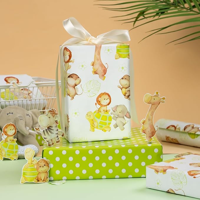 Homeral Baby Shower Wrapping Paper Roll - Cute Animal Design - 17 Inch x 16.4 Feet, Reversible Green Gift Wrap with Lion, Elephant, Turtle, Giraffe, Zebra, Perfect for Baby Boy & Girl Birthday