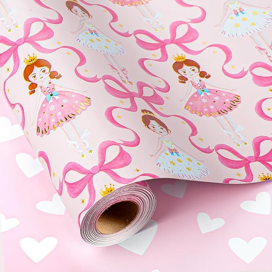 Homeral Pink Ballerina Wrapping Paper Roll - Ballet Princess with Bowknots & Heart Pattern, Reversible Gift Wrap for Girls Birthday, Baby Shower, Bridal Shower, Party - Mini Roll - 17 Inch x 16.5 Feet