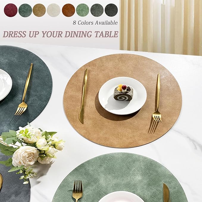 UnivoColors PU Leather Placemats Set of 8,15 Inches Round Washed Cowhide Pattern Table Mats for Dining Table, Kitchen, Party Decoration(Retro Camel)