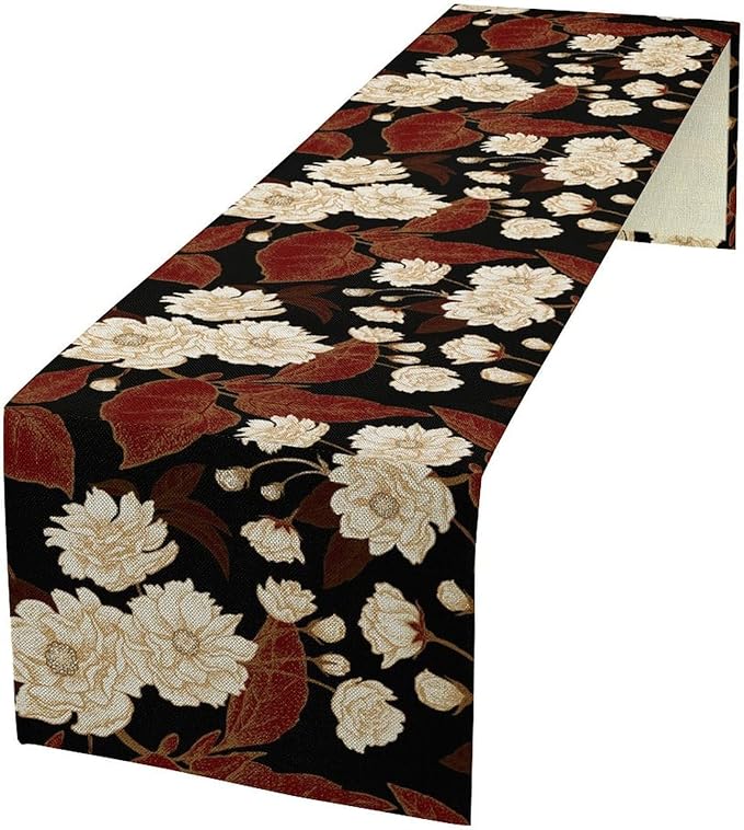 Vintage Flowers Table Runner,Boho Red Gold Floral Plant Print Art Table Runner for Home Kitchen Table Dining Indoor Outdoor Party Decor 13x120 Inch
