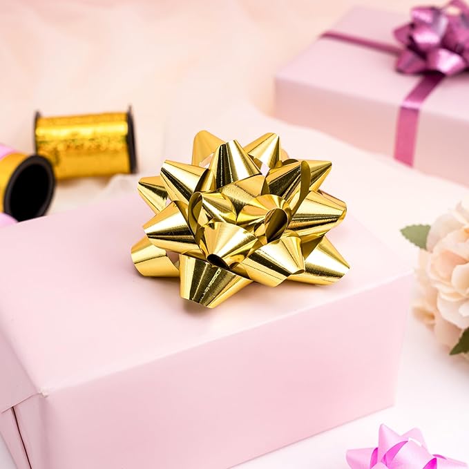 WRAPAHOLIC 16 Pcs Gift Bows Assortment - 14 Multi Colored Assorted Size Gift Bows(Pink, Gold), 2 Crimped Curling Ribbons, Perfect for Holiday, Party