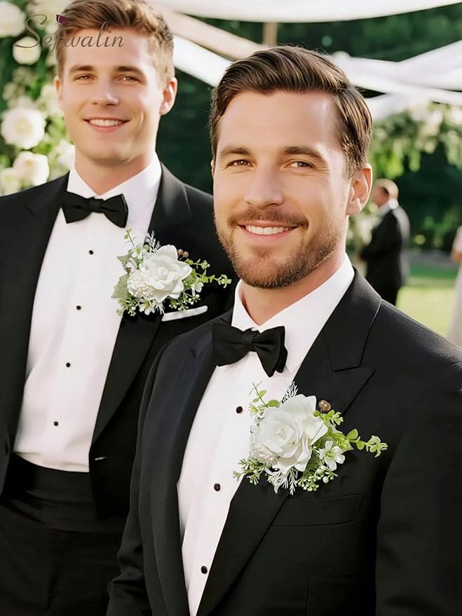 Serwalin Set of 2 Boutonniere for Men, 6-7inch Corsage Groom Groomsman Best Man Boutonnieres for Wedding Prom Ceremony Anniversary Party Cake Topper, Ivory White