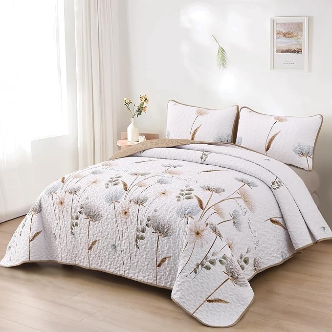 Dinjoy Floral Quilt Set Twin Size, Khaki Bedspreads for Girls 2 Pieces Cute Botanical Bedding Set Lightweight Farmhouse Quilts Soft Flower White Coverlet Sets for Women 68"x86"