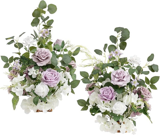 Ling's moment 17.5" Tall Free Standing Artificial Flowers Arrangements 2 pcs Wedding Aisle Runner Chair Decorations Lilac & White Centerpieces for Ceremony Reception Rose Floral Floor Party Outdoor