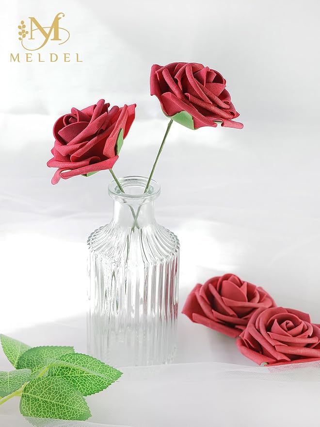 Meldel Artificial Flower 50pcs Real Looking Red Rose Fake Foam Roses with Stems for DIY Wedding Bouquets Gifts Bulk Crafts Faux Floral Centerpieces Arrangements Home Party Tables Decorations