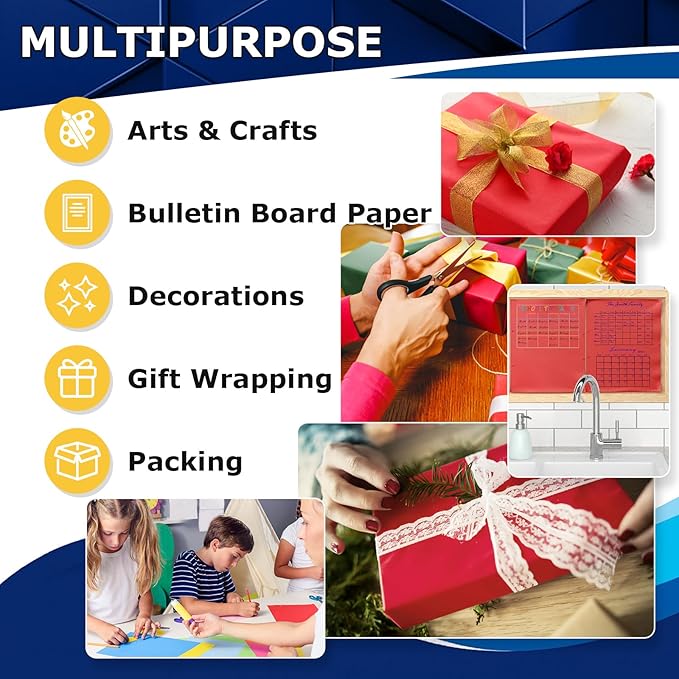 Vanhench 48"x1500"(125') Red Wrapping Paper, Solid Color Art Kraft Craft Paper for Bouquet Flower Crafts Packing Poster or Christmas Mother's Day Gifts, Red Bulletin Board Paper