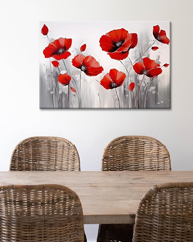 GLOKAK Red Poppies Wall Art - Modern Floral Red Poppy Flower on Grey Background Painting - Poster Canvas Print Artwork for Home, Bathroom, Bedroom Decoration (18"x12")