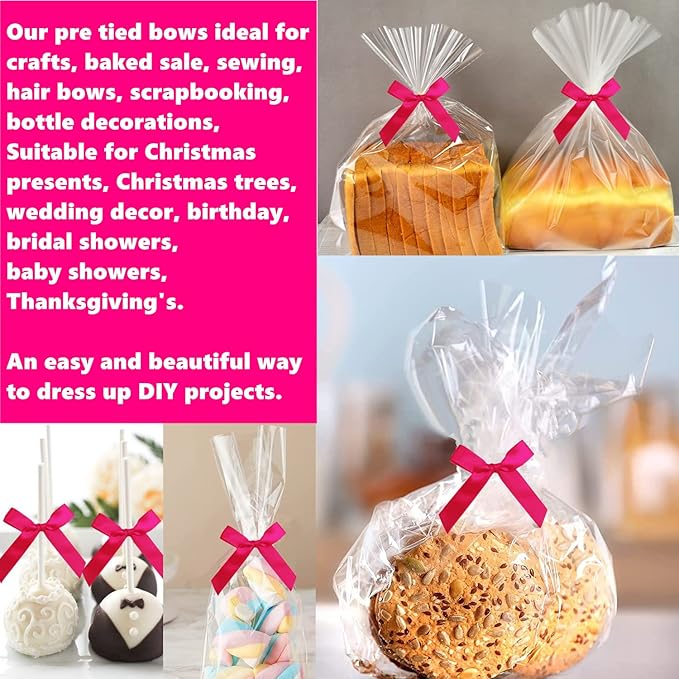 100 PCS 3 Inch Hot Pink Twist Bows for Treat Bags, Satin Twist Tie Bows, Pre Tied Bows with Wire, Ribbon Bows with Twist Ties, Bow Ties for Gift Bags, Popcorn Bags, Cookie Bags, Party Favors