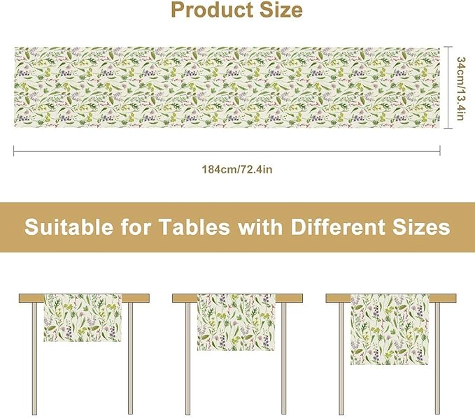 Wildflower Table Runner, Watercolor Green Botanical Flowers Vintage Bohemian Design Table Runner for Kitchen Dining Home Party Home Decor , 13x36 Inch