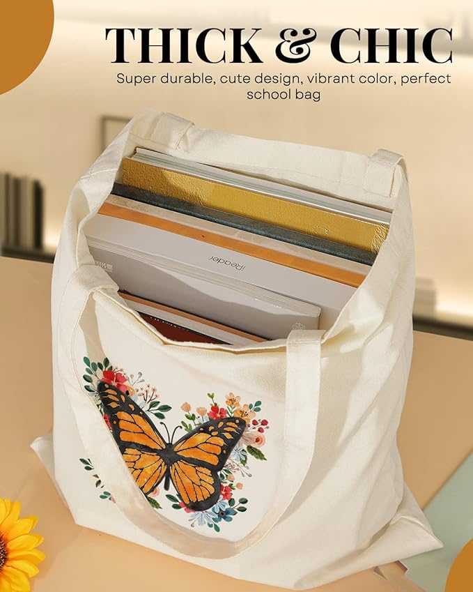AUSVKAI Cute Canvas Tote Bag Aesthetic for Women Grocery Bag Cotton Shopping Beach Totes Gift-Flower Butterfly