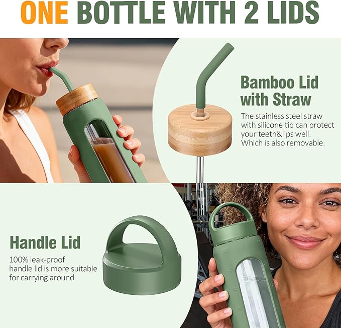 32 oz Glass Water Bottle, 1 Liter Glass Tumbler with Straw, Reusable Drinking Bottles with 2 Lids-Handle Lid&Bamboo Straw Lid, Silicone Sleeve, for Sports, Home,1 Pack-Olive