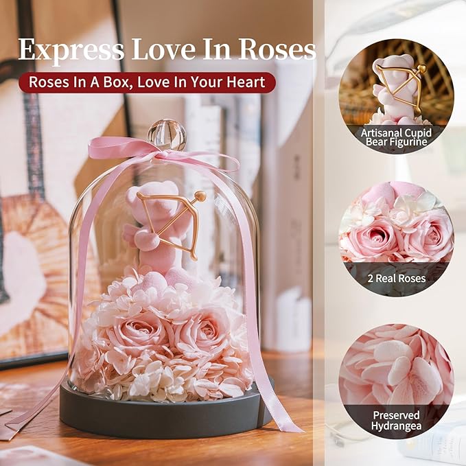 SEEROSE Preserved Rose with Cupid Bear in Glass Dome, Eternal Real Rose Romantic Gift for Her, Women, Mom, Wife, Girlfriend, Valentine’s Day, Mother’s Day, Christmas, Birthday (Cupid Bear, Pink)