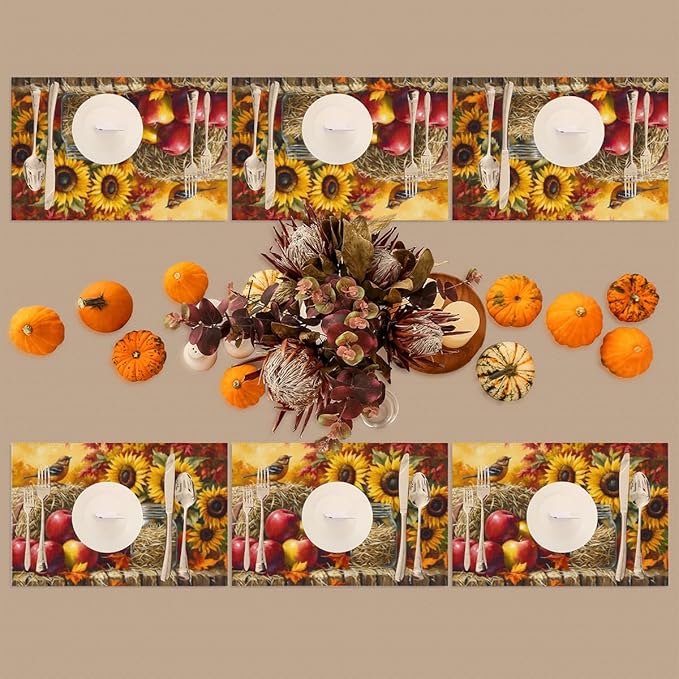 Autumn Apple Flower Sunflower Placemats Set of 4 PVC Vinyl Non Slip Table Mats Heat Resistant Place Mats Washable Wipeable Dining Table Mat for Kitchen Decor Party Indoor Outdoor Decorative Gift