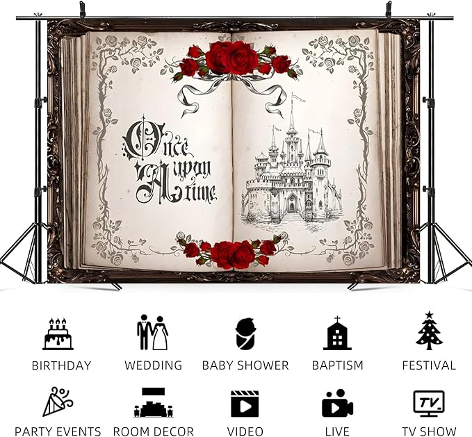 10x7ft Once Upon a Time Backdrop Princess Castle Wedding Party Photography Background Fairytale Book Romantic Story Red Roses Bridal Shower Decorations Birthday Portrait Photo Booth Prop