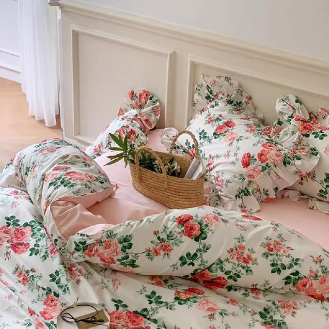 LifeTB Vintage Pink Floral Comforter Set Queen Girls Rose Flower Comforter Coquette Bedding Aesthetic Ruffle Comforter Set Soft Fluffy Cottagecore Bedding Set Farmhouse Boho Bed Comforter Queen Size