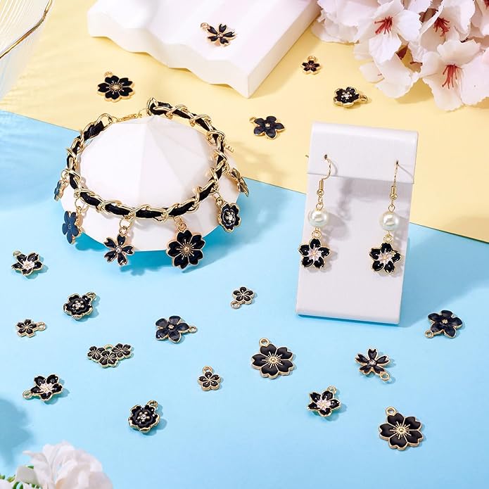 KISSITTY 100Pcs Light Gold Alloy Enamel Charms Cherry Blossom Flower Charm Bulk Gold Plated Pendant Cute Small Floral Dangle Charms for DIY Jewelry Making Kit Bracelet Necklace Keychain Crafts