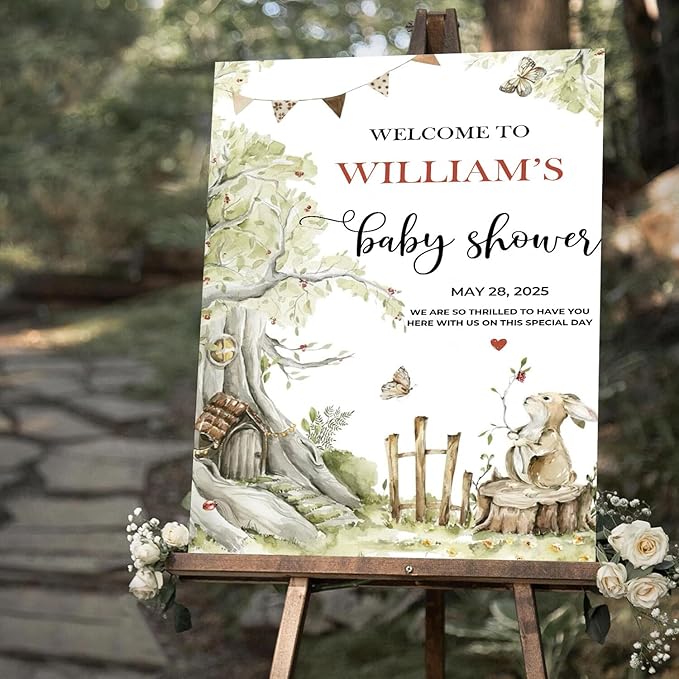 Personalized Baby Shower Welcome Sign Outdoor, Rabbit And Butterfly Party Sign Decorations, Moder Baby Shower Sign With Stand