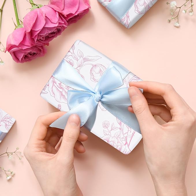 RayofSun Pink Floral Wrapping Paper Roll 17 in x 32ft Mini Roll Vintage Toile Flower Gift Wrap Paper for All Occasion Wedding Birthday Bridal Shower Party Baby Shower Christmas