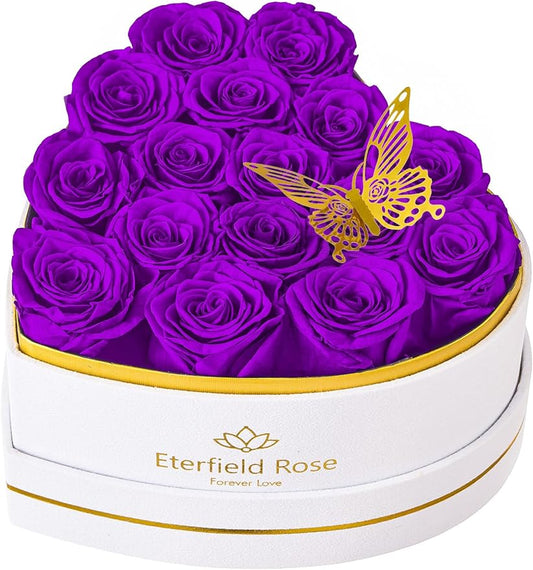 Eterfield 16 Forever Flowers in Heart Shape Box, Preserved Roses That Last a Year Preserved Flowers Birthday Gifts for Her Mom Women Wife Anniversary Valentines Day Mothers Day Christmas, Purple