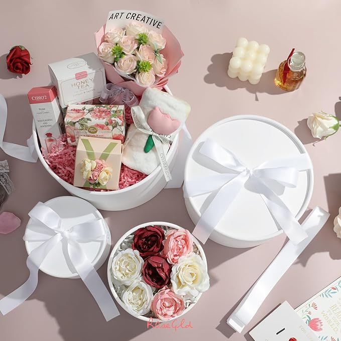 ROSEGLD Round Gift Boxes with Lids Set of 4, Luxury Gift Boxes with Ribbons Assorted Sizes, Nesting Gifts Boxes for Flowers Arrangements, Bridesmaid, Proposal, Wedding, Birthday, Party (Matte White)