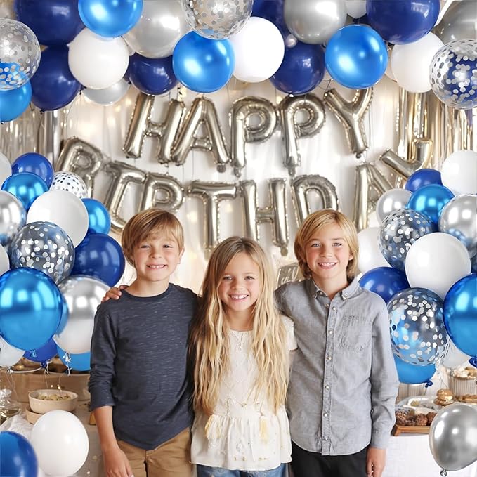 Blue White Silver Confetti Balloons, 50pcs 12 Inch Metallic Blue and Silver Balloons Clear White Confetti Latex Balloons for Birthday Wedding Anniversary Gender Revea Bridal Shower Party Decorations