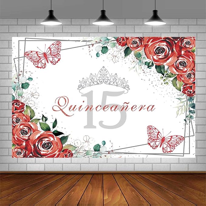 SENDY 10x7ft Quinceañera Backdrop Mis Quince 15 Anos Birthday Party Decoration Supplies for Girl Princess Red Floral Flower Butterfly Silver Crown Photography Background Banner Photo Booth Studio Prop