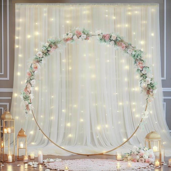 20x10ft Ivory Tulle Backdrop Curtain with Lights String for Parites, Sheer Backdrop Curtains for Wedding Baby Shower Birthday Party Photo Shoot Decorations