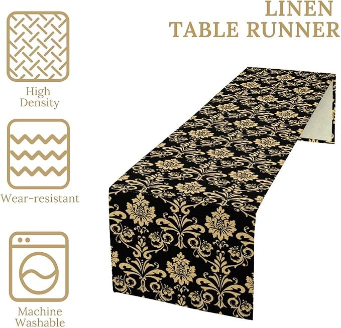 Gold Damask Table Runner,Gothic Antique Victorian Floral Boho Table Runner for Home Kitchen Table Dining Garden Farmhouse Wedding Party Decor 13x70 Inch