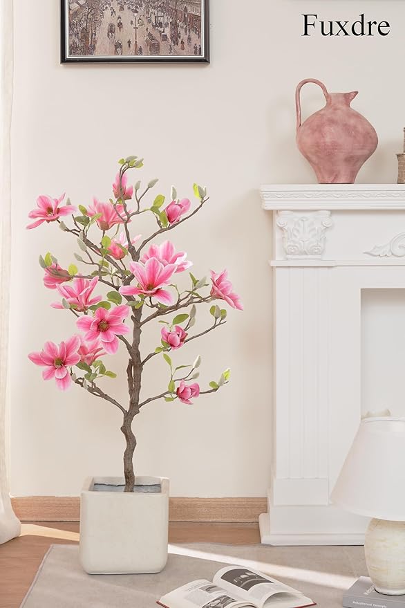 Artificial Magnolia Tree 40 inch, Artificial Flower Tree with Pot, Artificial Magnolia Flower is Realistic Real Touch, Flower Tree Home Decor for Living Room, Floor, Store and Hotel(Pink)
