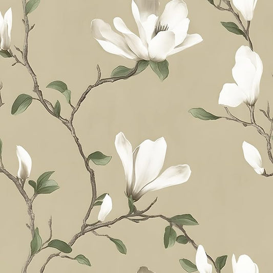 Floral Wallpaper Peel and Stick 17.5in x 32.8ft Vintage Leaf Contact Paper Khaki Magnolia Branches Flower Vinyl Self Adhesive Waterproof Leaf Wall Paper for Bathroom Bedroom Walls Furniture Decor