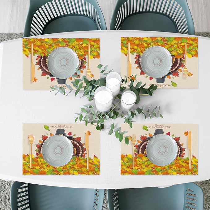 Thanksgiving Leaf Turkey Placemats Set of 1 PVC Vinyl Non Slip Table Mats Heat Resistant Place Mats Washable Wipeable Dining Table Mat for Kitchen Decor Party Indoor Outdoor Decorative Gift