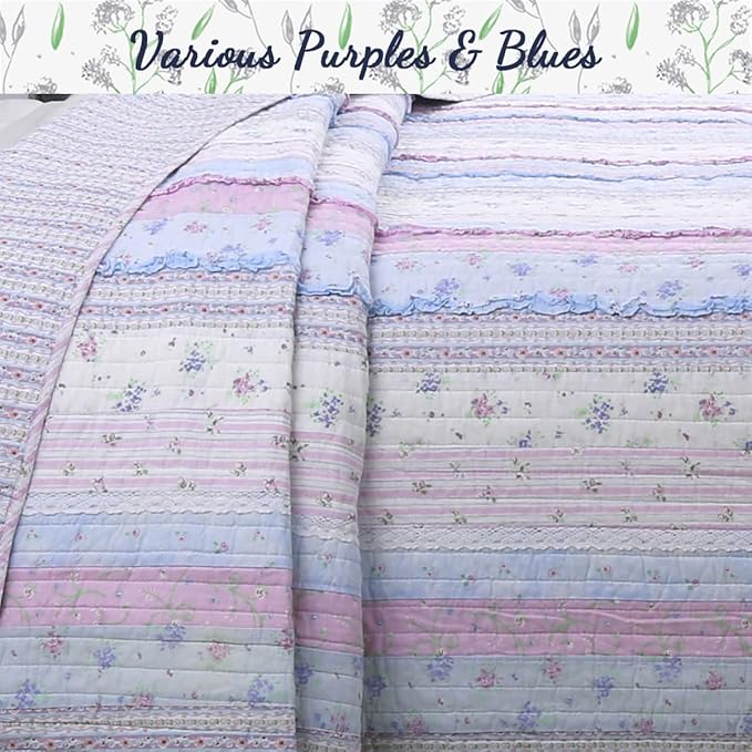 Cozy Line Home Fashions Raelynn Romantic Lace Orchid Light Purple Blue Flower Print Stripe Cotton 3D Bedding Quilt Set, Reversible Coverlet, Bedspread for Girls Women (Lavender,Queen -3 Piece)