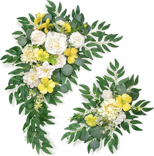 Pack of 2 Wedding Arch Decorations Artificial Hanging Flowers Floral Swag for Wedding Welcome Sign Backdrop Balloon Arch Home Party Bridal Ceremony Reusable(Yellow)