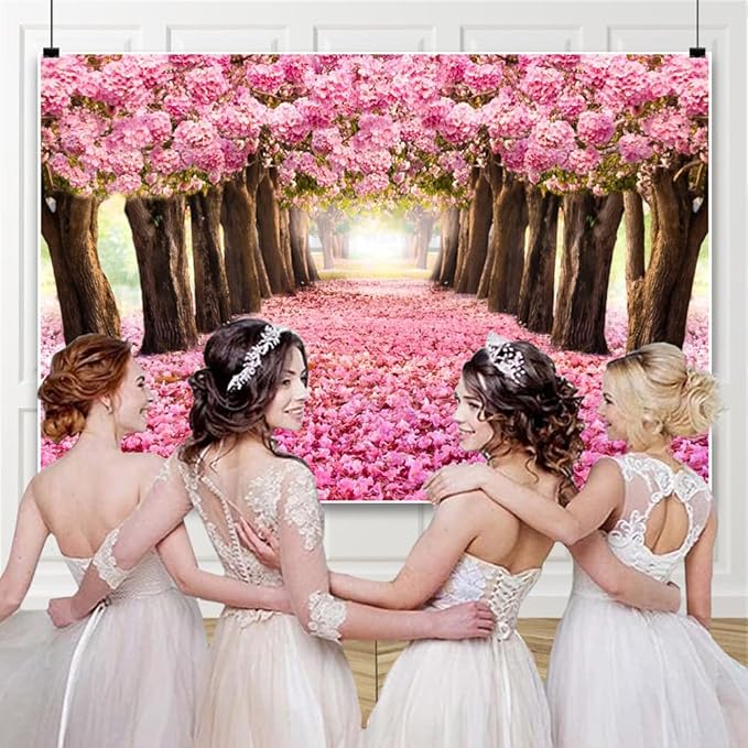 15x8ft Cherry Blossom Backdrops Pink Flowers Trees Photo Background Romantic Floral Petal Boulevard Spring Tea Party Banner for Wedding Womens Day Valentines Day Mothers Day Bridal Shower