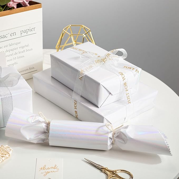 Merture Solid Color Wrapping Paper Roll - 17 Inches X 32.8 Feet(46.5 sq.ft.) - 1 Roll, Metallic White Wrapping Paper for Wedding, Birthday, Party, Holiday, Congrats, Shower