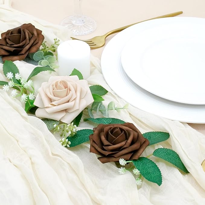 Artificial Flowers, 100pcs Brown and Tan Artificial Flower for DIY Wedding Bouquets Centerpieces Arrangements, Artificial Rose with Stem for Party Home Decorations