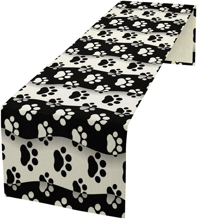 Dog Paw Table Runner,Kid Cute Animal Footprint Black White Theme Design Print Tablecloth Burlap for Hotel Indoors Outdoor Dining Room Kitchen Home Decor,W13X L60 in